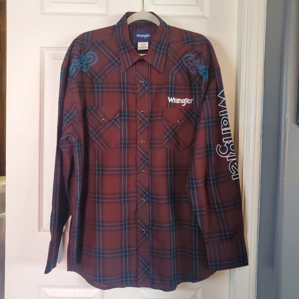 Brown Plaid Western Shirt Embroidered Snap Black Pearl Buttons Cowboy Size XL